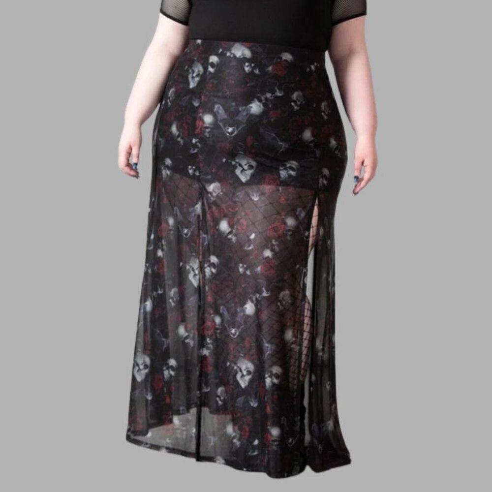 Killstar Size 3XL Kleadora Mesh Black Maxi Skirt - Skulls & Roses